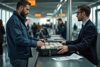 Homme au contrôle frontière avec cigarettes dans sa valise