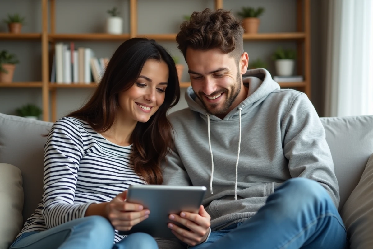 Jeune couple de particuliers consultant un devis BTP en ligne sur tablette depuis leur salon en cours de rénovation