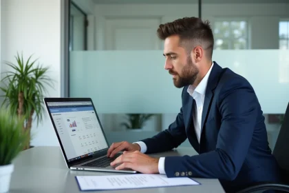 Courtier en assurance consultant l'extranet AXA sur son ordinateur portable dans un bureau moderne