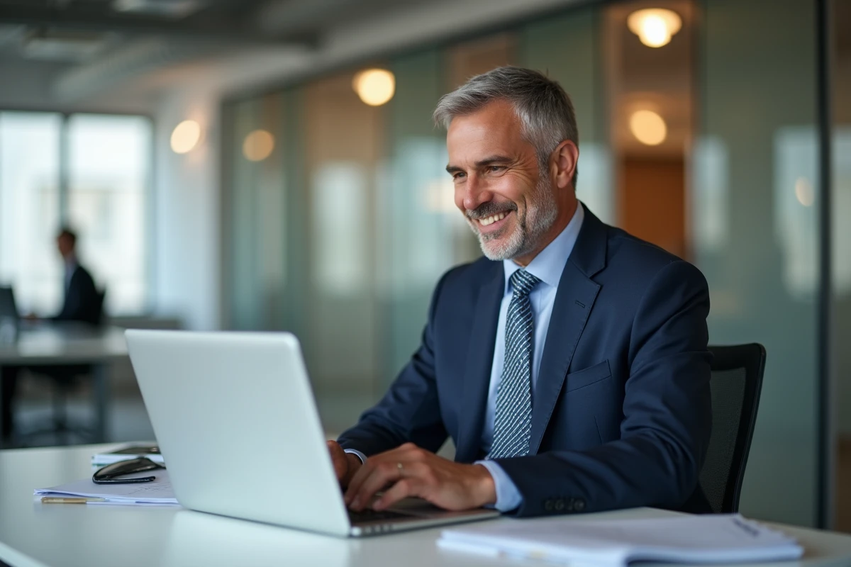 Courtier en assurance homme en costume navy au bureau
