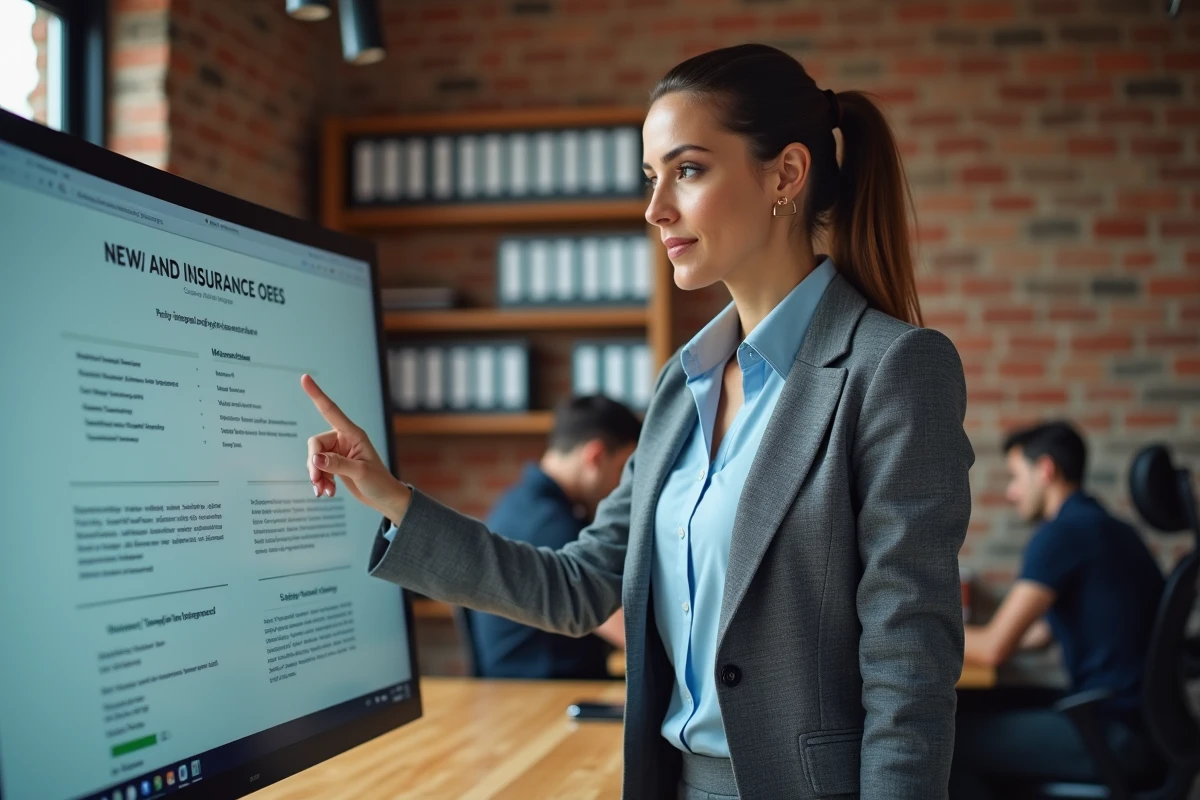 Courtière AXA utilisant le portail extranet courtier sur grand écran dans un espace de travail collaboratif