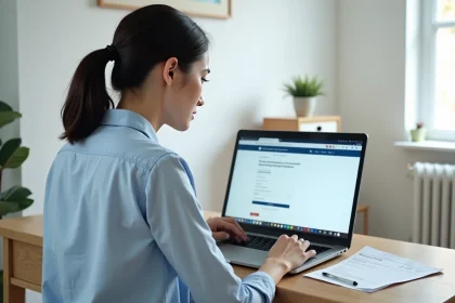 Femme créant son compte Urssaf en ligne sur un ordinateur portable dans un bureau à domicile