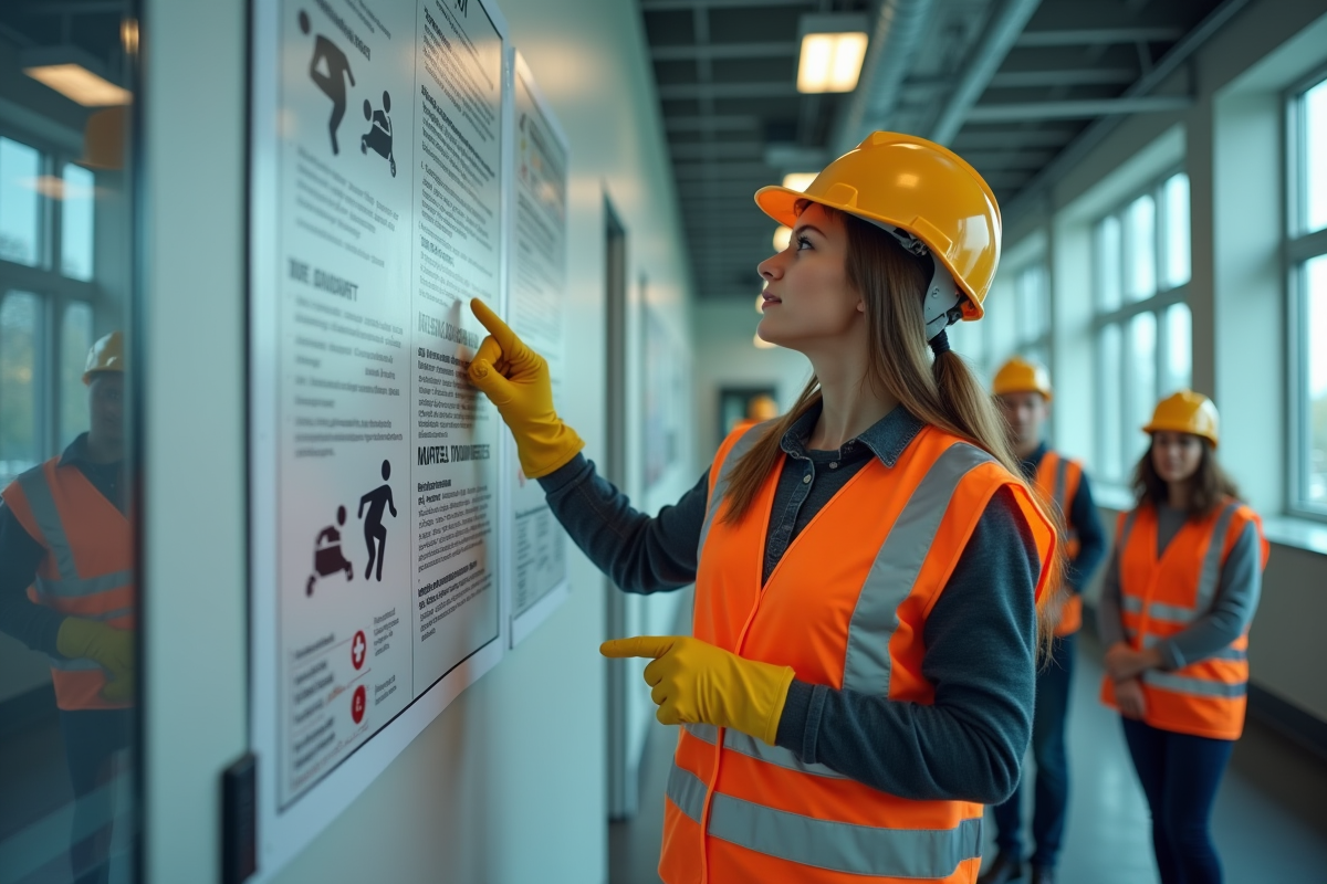 Jeune femme montrant un plan d evacuation dans un bureau