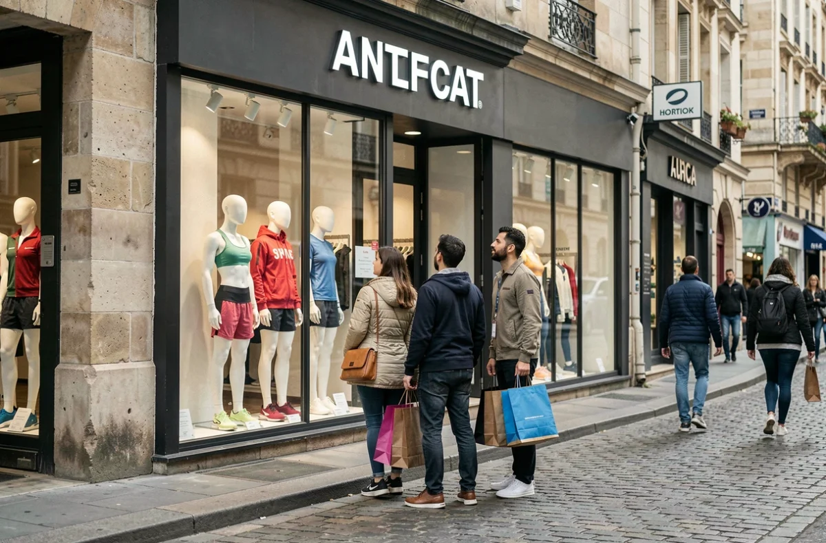 Devanture du magasin ZOLARE dans la rue commerçante de Saintes avec des passants s'arrêtant devant la vitrine sportswear