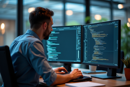 Ingénieur logiciel analysant du code C sur deux écrans dans un bureau lumineux