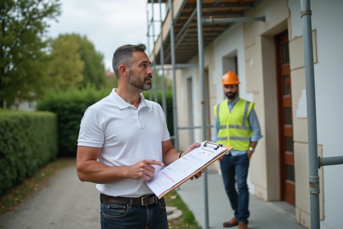 Homme particulier discutant d'un devis de rénovation avec un artisan BTP devant une maison en chantier avec échafaudage