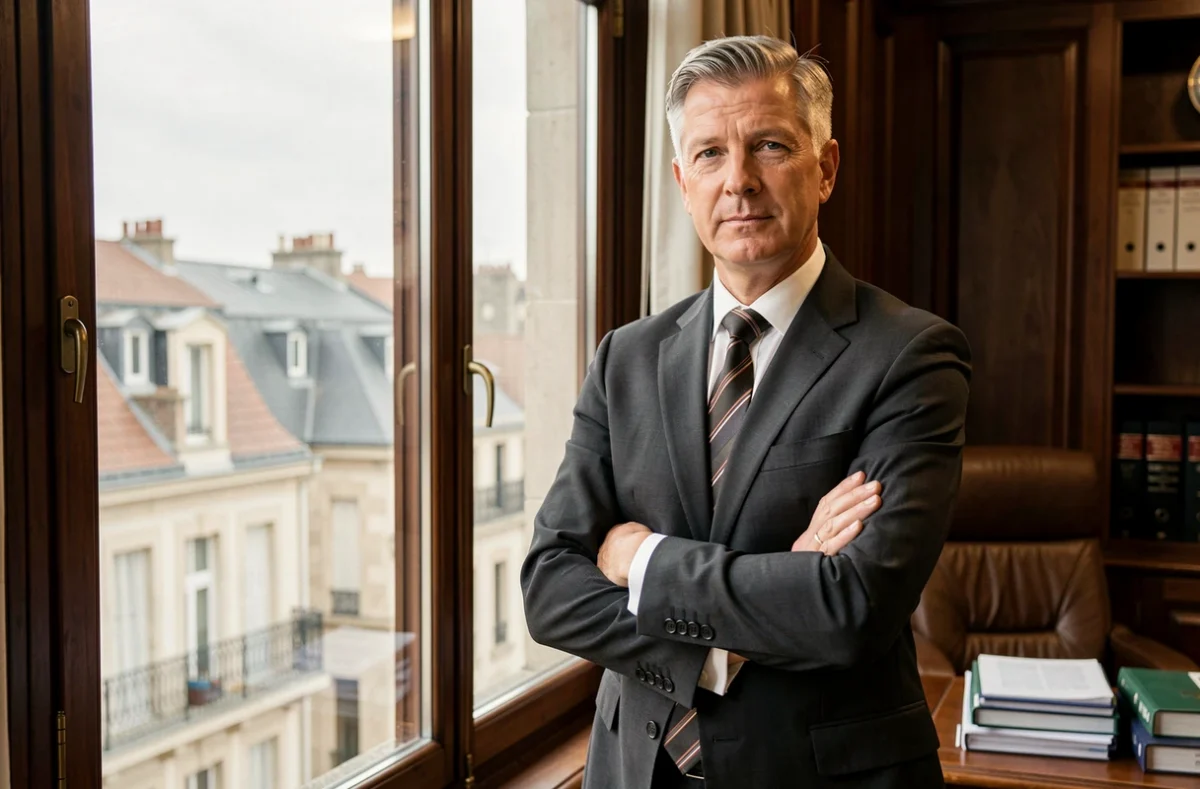 Didier Le Marrec, avocat en droit commercial, debout à la fenêtre de son bureau avec vue sur les toits de Bordeaux