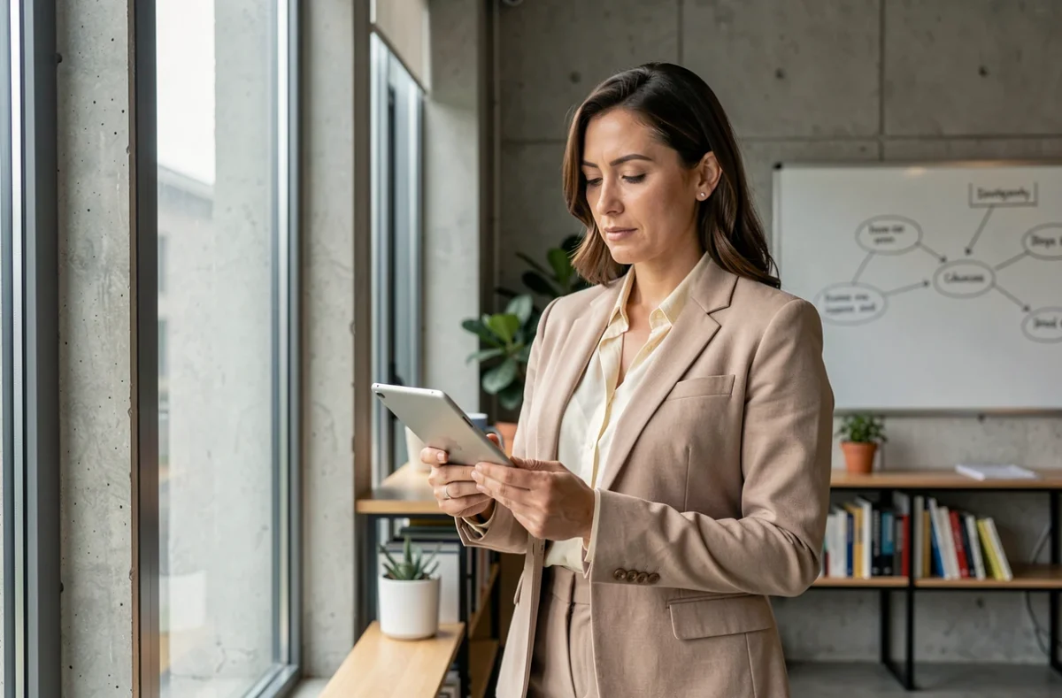 Dirigeante B2B consultant des ressources stratégiques sur une tablette dans un espace de coworking contemporain