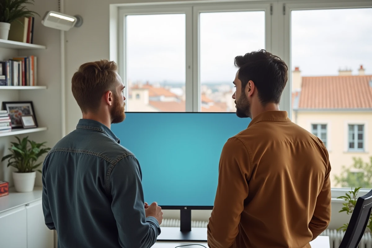 Deux hommes discutant d’un mockup de design dans un bureau lumineux à Montpellier