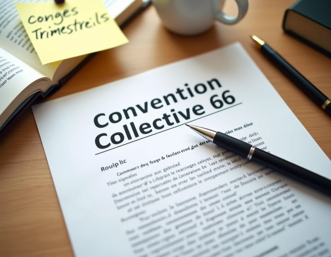 Documents de la convention collective 66 annotés avec des notes manuscrites sur la suppression des congés trimestriels