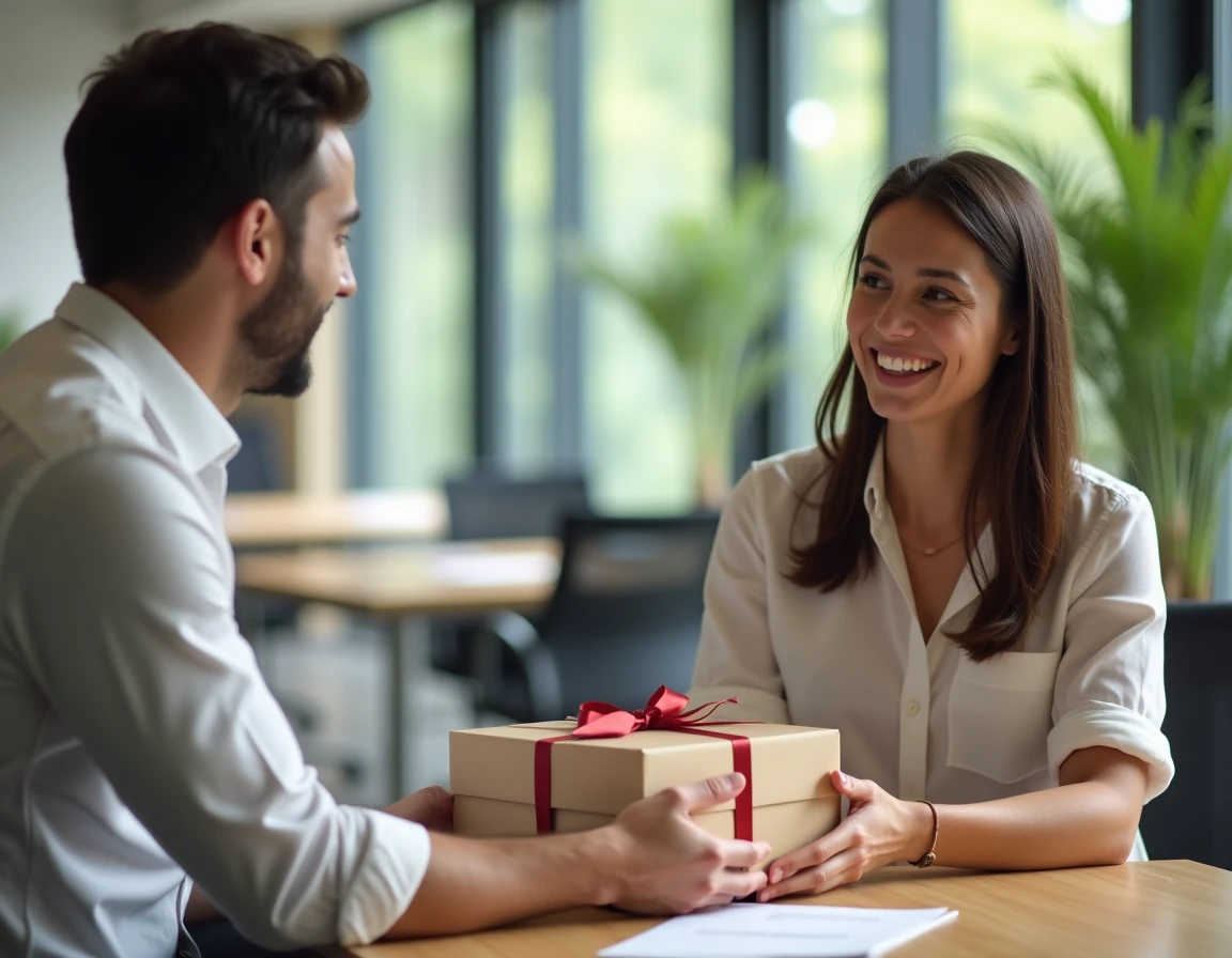 Échange de boîte cadeau personnalisée entre collègues dans un bureau moderne et lumineux