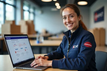 Employée Chronopost consultant les avantages CSE sur son ordinateur portable dans un bureau logistique moderne