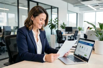 Employée GMF consultant les avantages de son comité d'entreprise sur un ordinateur portable au bureau