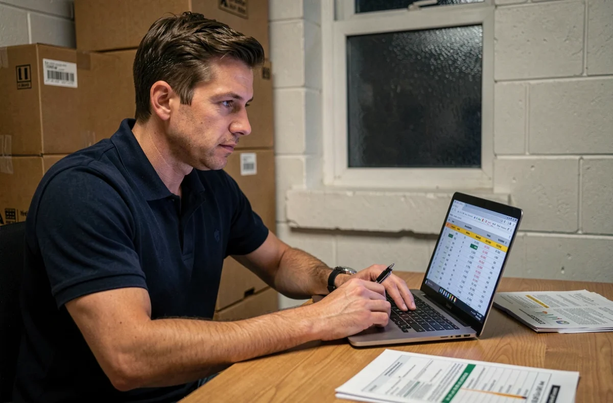 Employé logistique consultant un tableau de calcul des heures de nuit sur ordinateur dans un bureau d'entrepôt