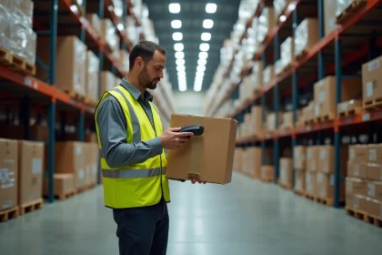 Employé logistique Kuehne Nagel scannant des colis dans un entrepôt moderne