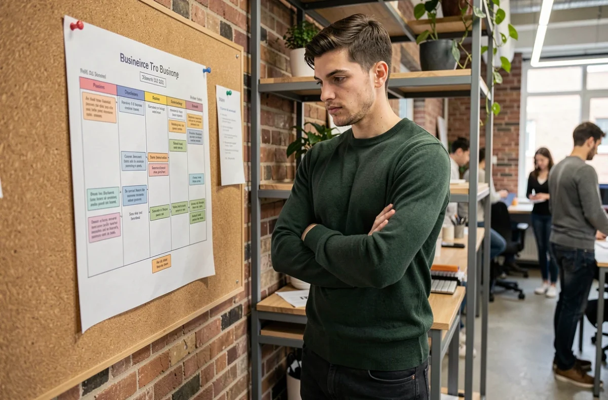 Jeune entrepreneur analysant un business canvas dans un espace de coworking pour structurer son projet d'entreprise