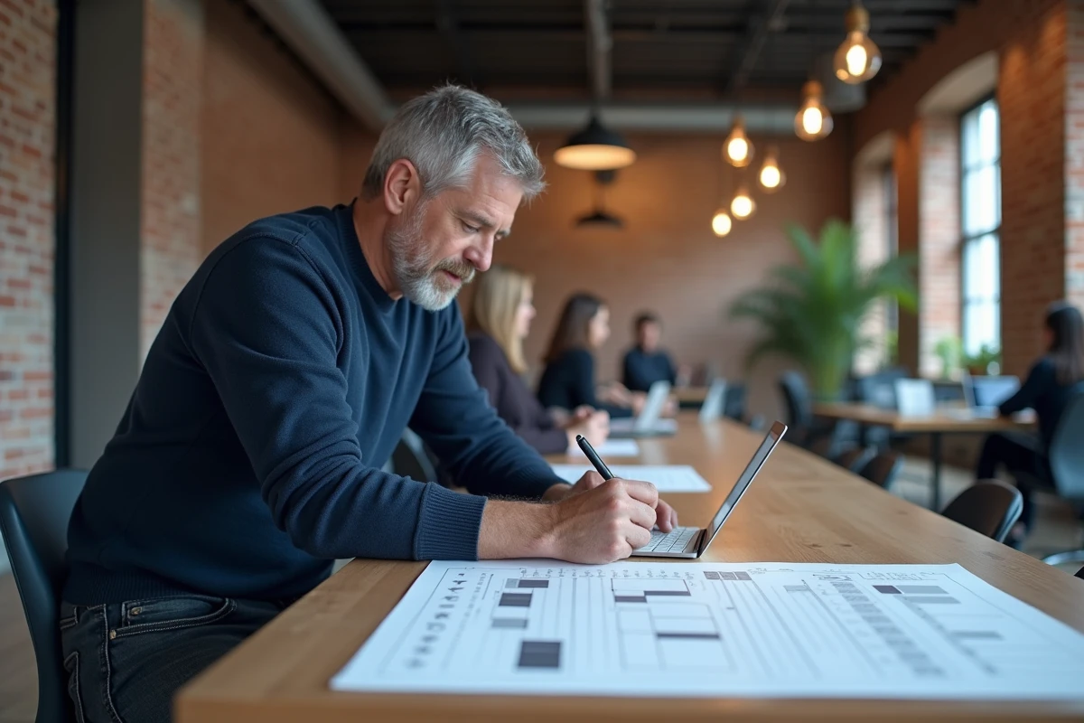 Entrepreneur masculin annotant un calendrier de contenu imprimé avec une interface IA marketing sur tablette dans un espace de coworking