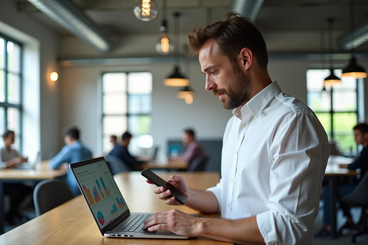 Entrepreneur consultant en e-commerce debout à son bureau dans un espace de coworking intégrant une ressource média dans sa stratégie