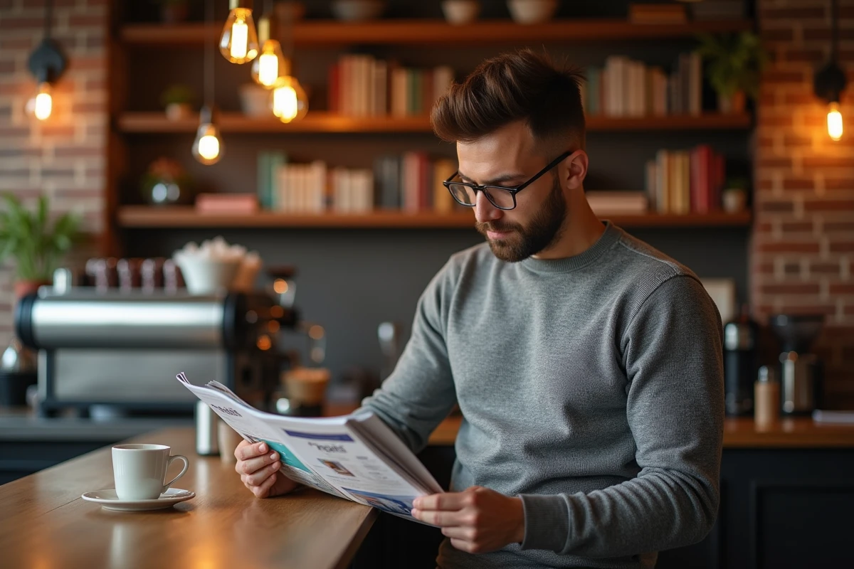 Entrepreneur lisant un magazine business entreprendre dans un café moderne et chaleureux