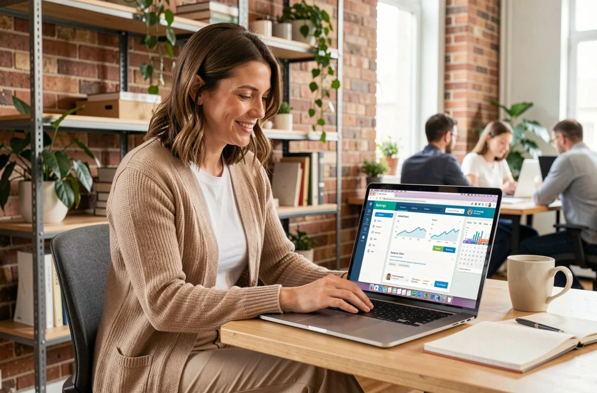 Entrepreneur en profession libérale analysant les statistiques de son outil de gestion de rendez-vous en ligne sur ordinateur portable