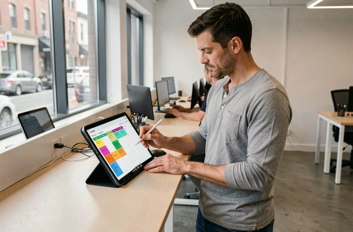 Entrepreneur en PME gérant son calendrier numérique sur tablette dans un espace de coworking moderne