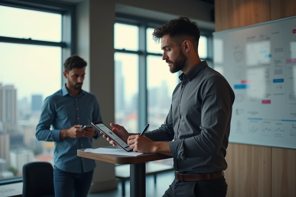 Entrepreneur de startup utilisant un service juridique en ligne sur tablette dans un bureau avec vue sur la ville