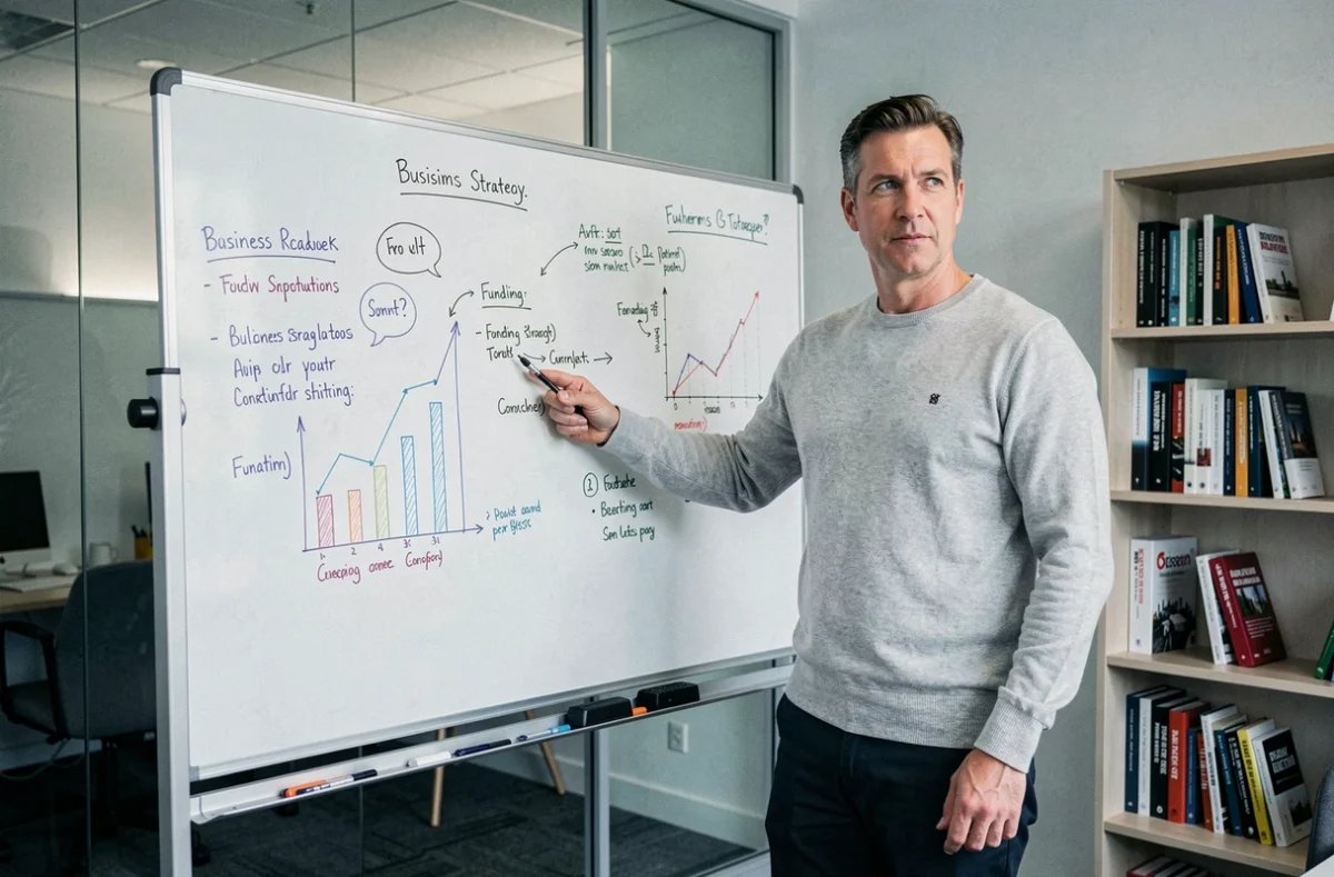 Entrepreneur présentant sa stratégie de financement sur un tableau blanc dans un bureau de startup