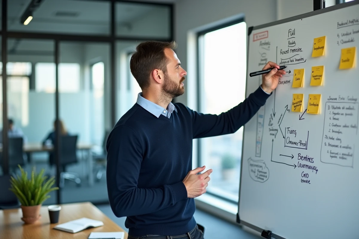 Entrepreneur masculin analysant un business model sur un tableau blanc dans une salle de réunion de startup