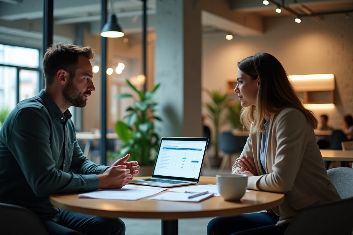 Deux entrepreneurs en discussion stratégique pour choisir entre un salon spécialisé et un événement généraliste