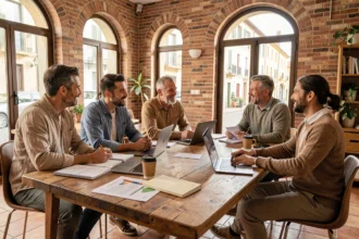 Groupe d'entrepreneurs réunis dans un espace de coworking en Occitanie pour un projet d'économie sociale et solidaire soutenu par la Cress Midi-Pyrénées