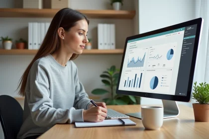 Entrepreneuse e-commerce analysant ses données de tunnel de vente sur un écran d'ordinateur dans un bureau moderne