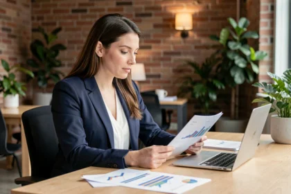 Entrepreneuse analysant un dossier de financement pour le lancement de son entreprise en 2026