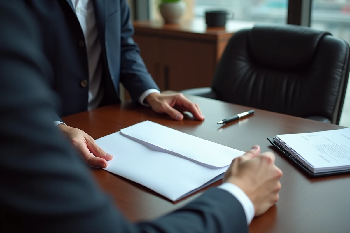 Mains posant une enveloppe officielle sur un bureau en bois, symbolisant la notification de licenciement pour faute grave