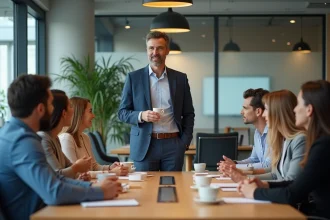 Groupe de collègues de bureau lors d'une réunion collaborative