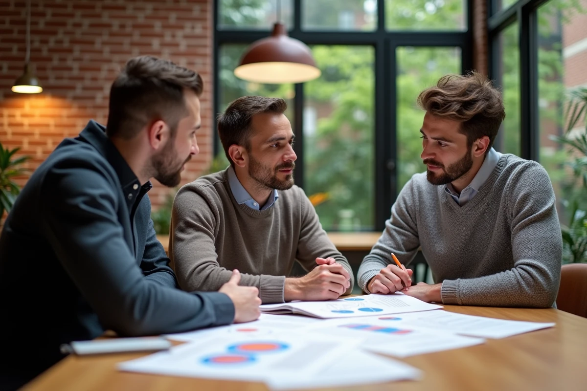 Groupe de professionnels analysant des diagrammes et notes dans un espace coworking