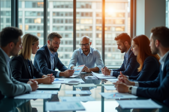 Equipe de consultants collaborant autour d'une table avec graphiques