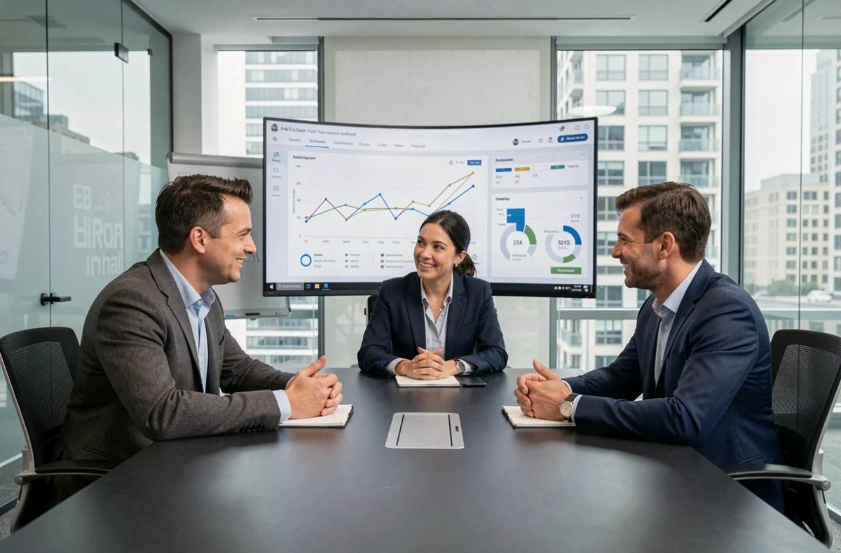 Équipe de dirigeants B2B analysant des données stratégiques ensemble sur un grand écran en salle de réunion