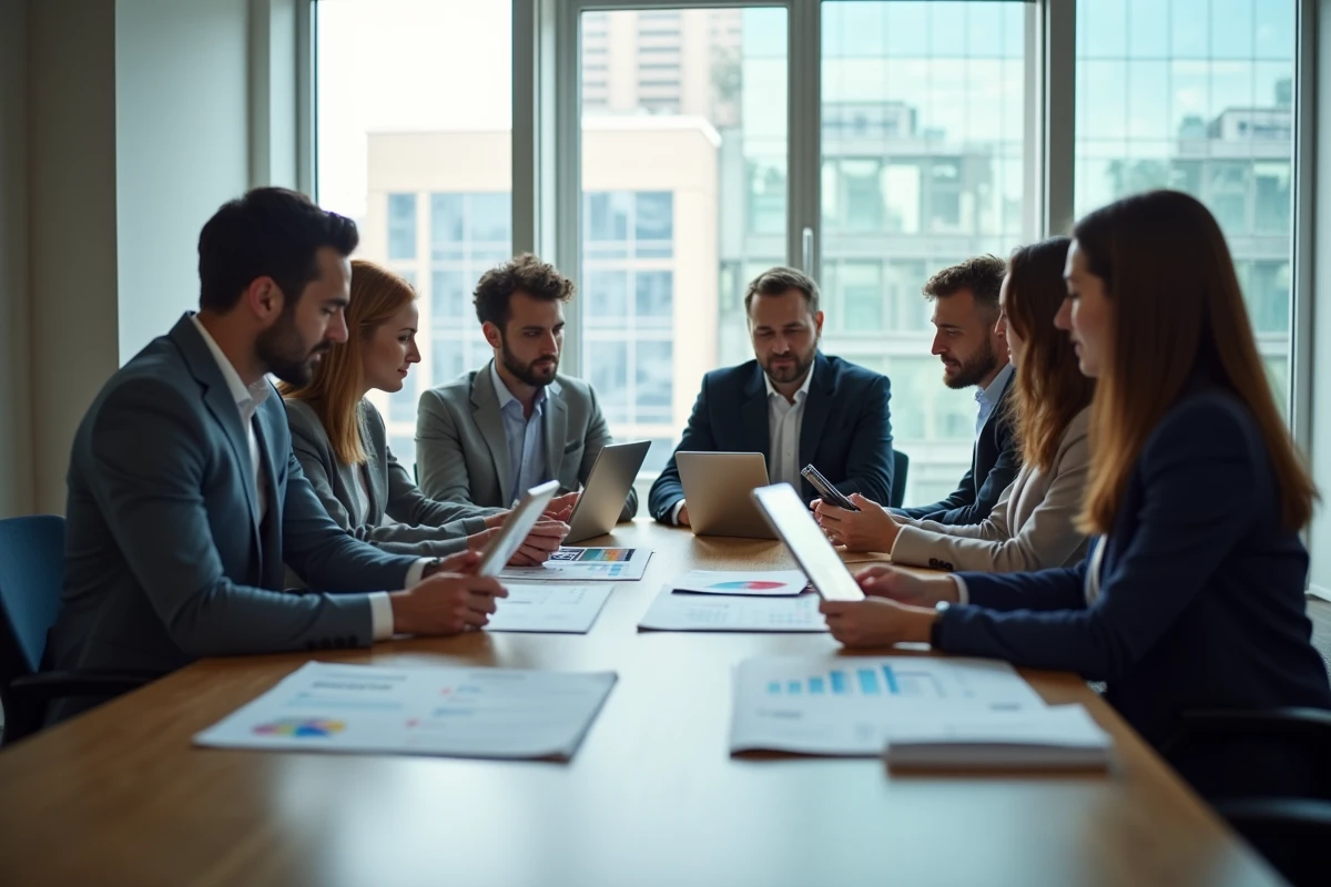 Equipe diverse en réunion avec table et documents