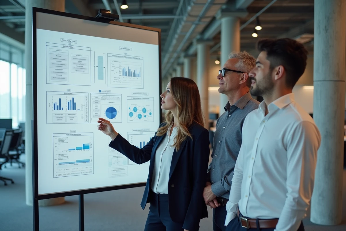 Équipe de consultants en management discutant de stratégies de gestion des risques projets devant un tableau blanc
