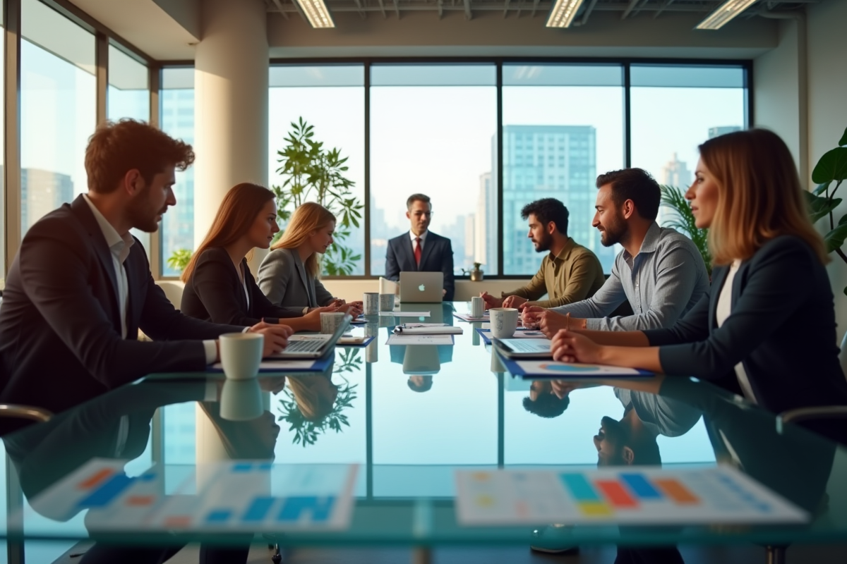 Equipe marketing moderne autour d'une table avec appareils et graphiques