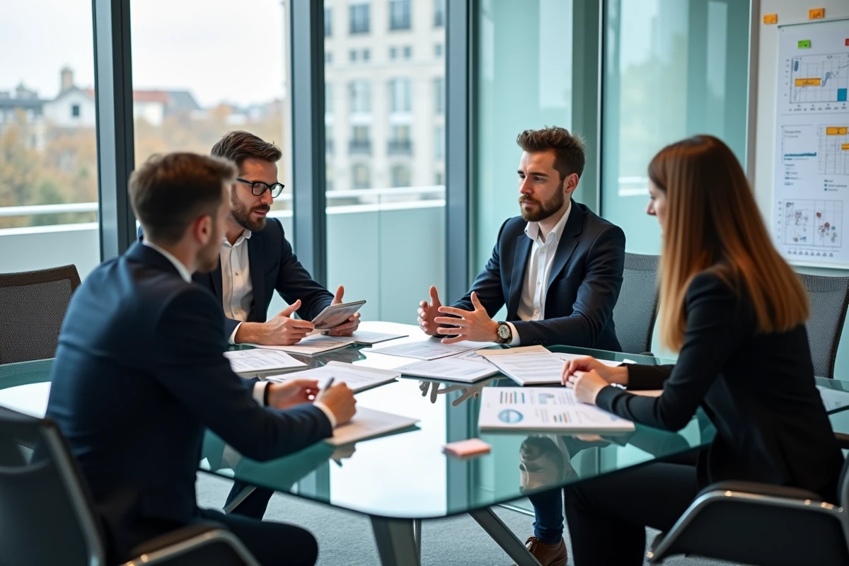 Équipe de professionnels en réunion autour de rapports de performance et d'analyses financières en entreprise