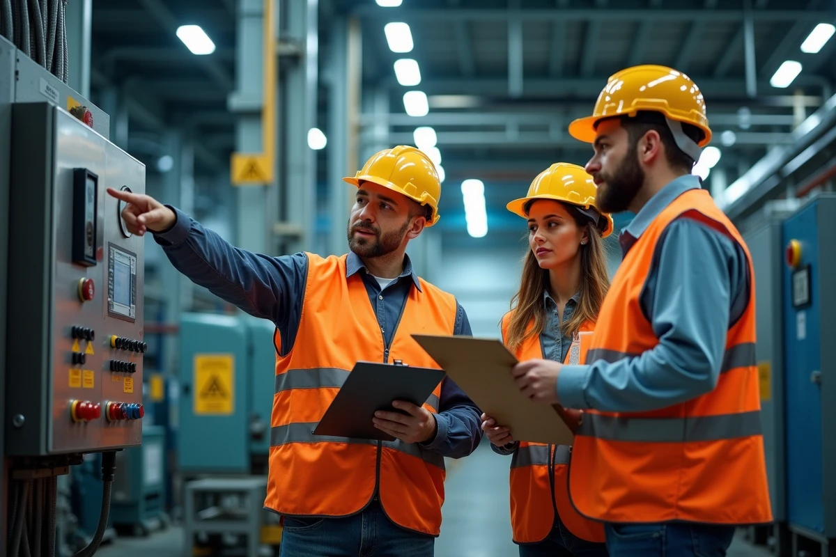 Équipe d'ouvriers lors d'une passation de consignes entre équipes dans une usine, illustrant l'organisation du travail posté en rotation 5x8