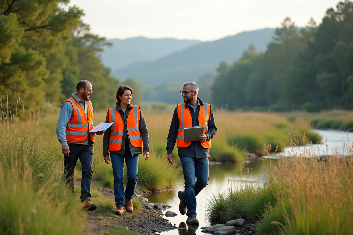 Groupe de trois consultants en extérieur dans un site naturel