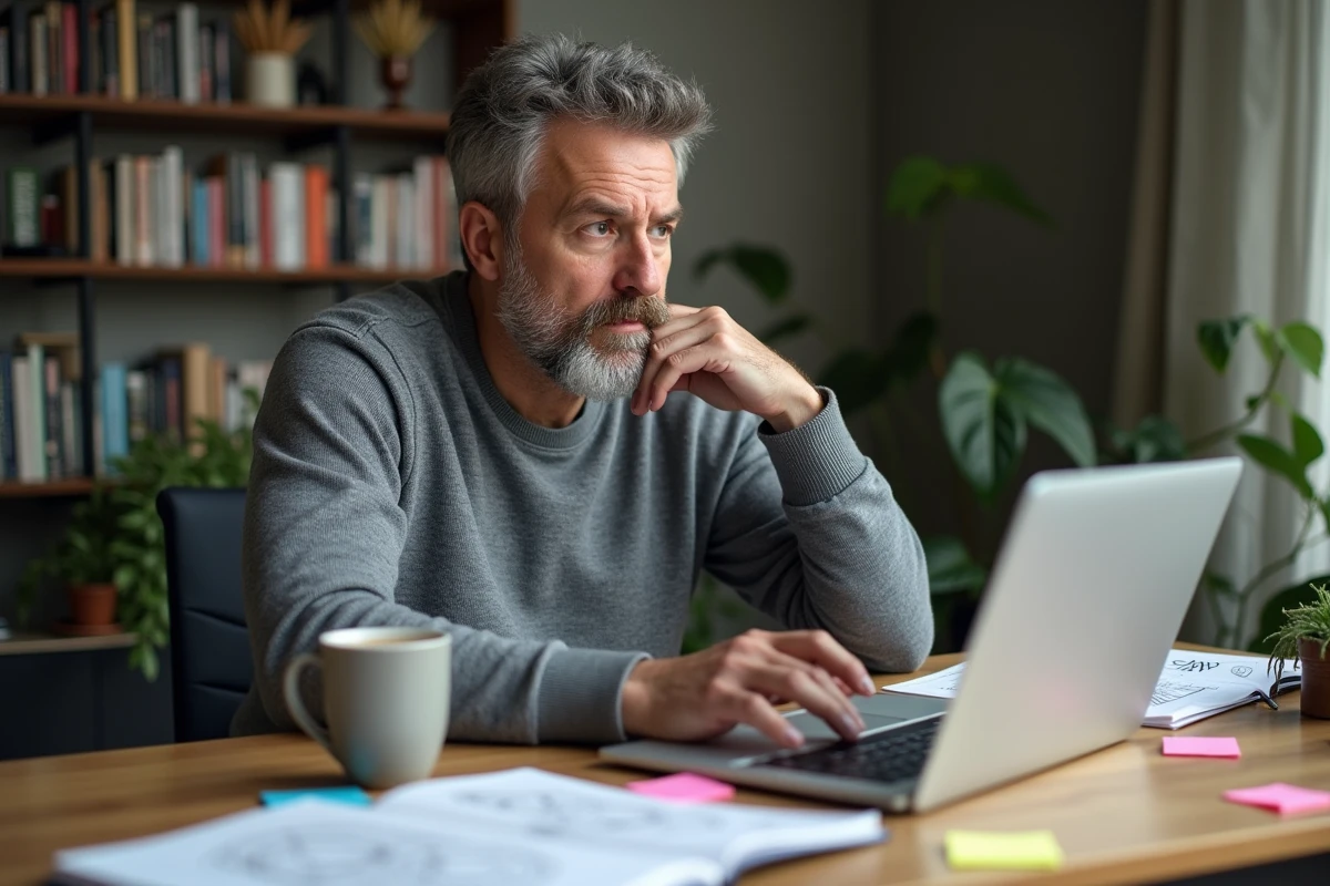 Homme réfléchissant à des algorithmes de personnalisation dans un bureau à domicile avec ordinateur portable et notes manuscrites