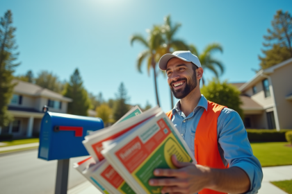 Facteur souriant livrant des prospectus colorés devant une boîte aux lettres