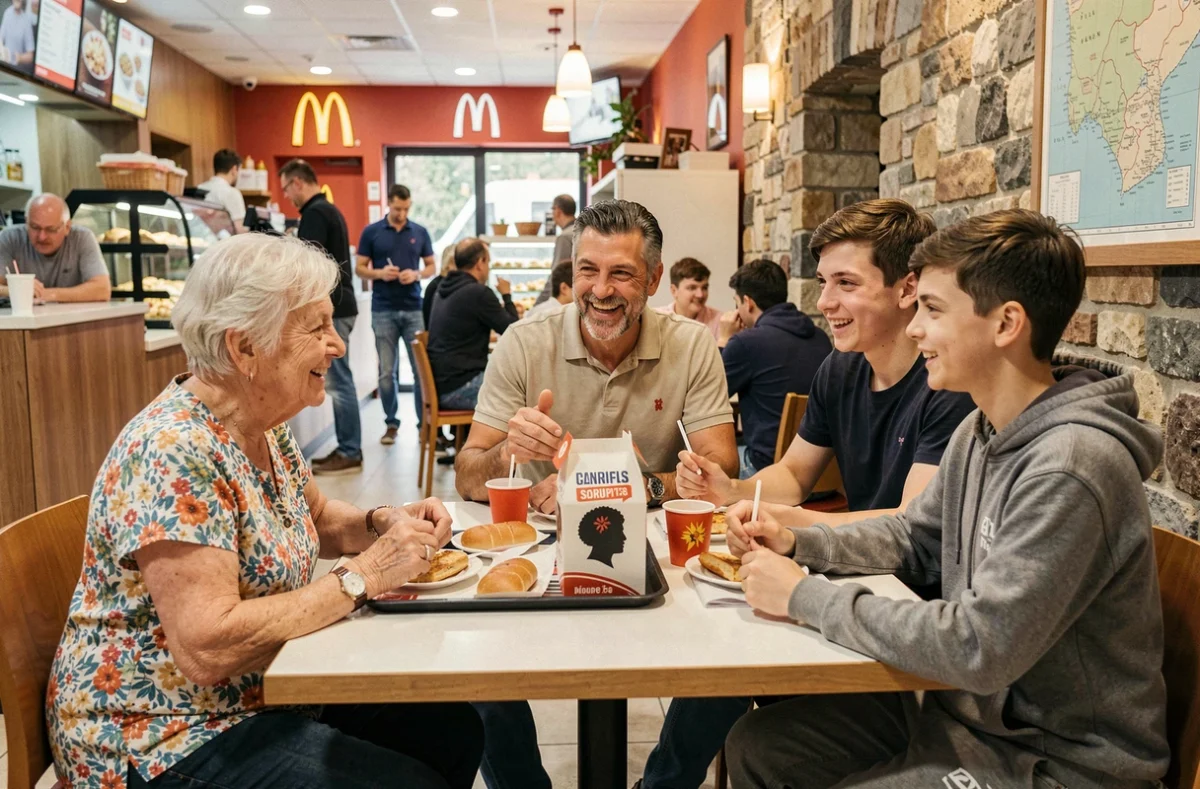 Famille corse de plusieurs générations attablée dans un McDonald's avec emballages aux motifs corses, illustrant l'ancrage local de la chaîne