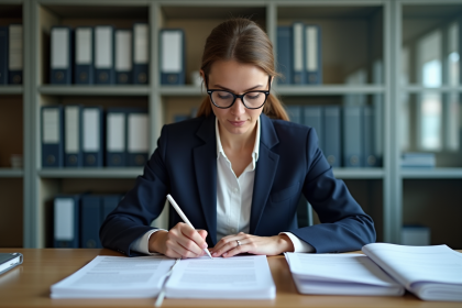 Femme d'âge moyen en blazer navy dans un bureau administratif