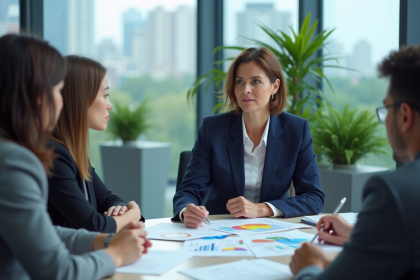 Femme d'affaires analysant des graphiques dans une salle moderne