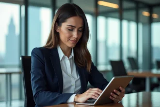 Femme d'affaires en costume bleu examinant des données financières