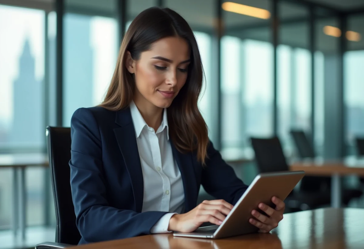 Femme d'affaires en costume bleu examinant des données financières